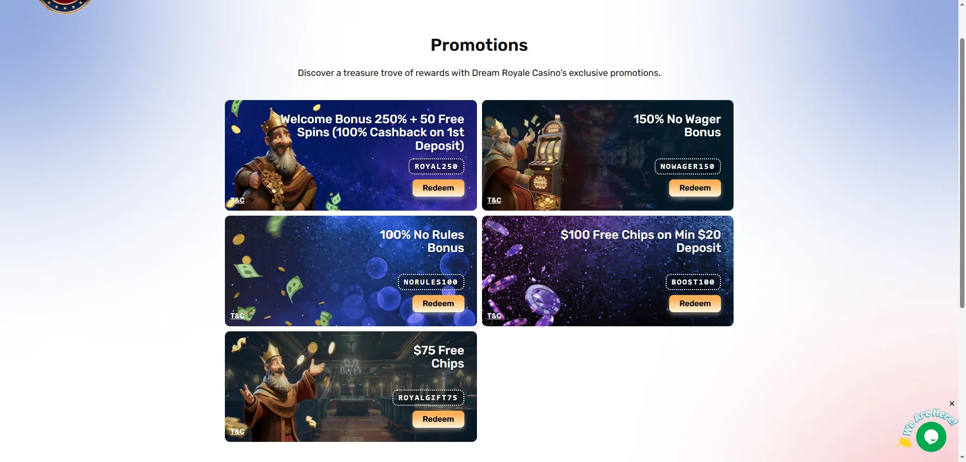 Dream Royale Casino welcome bonus 250% up to $1000 plus free spins
